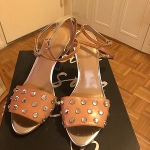 Beige & Silver Rhinestone Leather,Silver/Beige Strapped,Silver Heel Holiday Pump